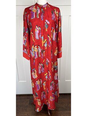 Natori Geisha Print Satin Caftan XS Red Zip Front Pockets Asian Novelty Maxi